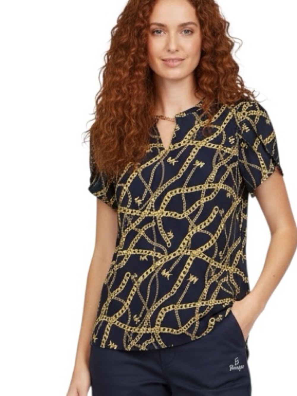 Michael Kors Split Neck Navy Gold Chain Top with Tulip Sleeve Size S/P Casual